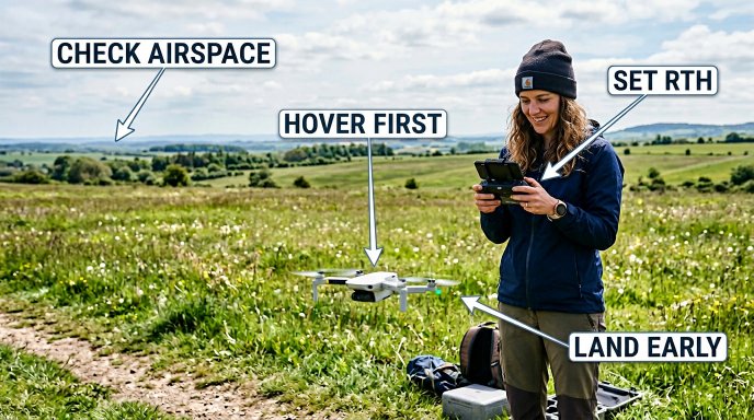 First-time drone pilot practicing a low hover in an open field with beginner safety tips