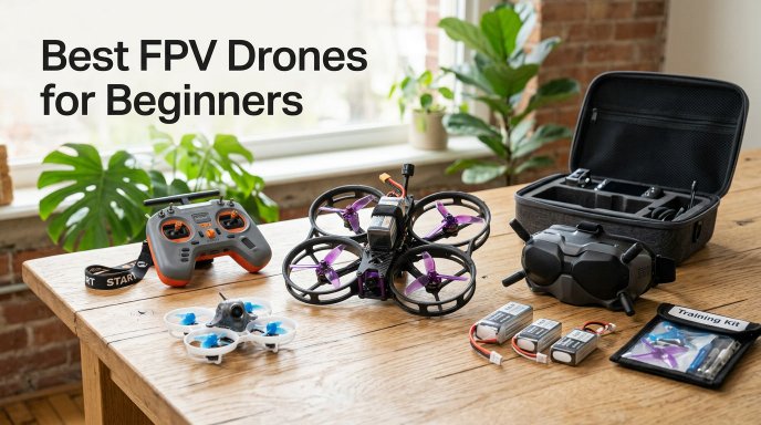 Beginner FPV drones displayed with goggles, radio controller, batteries, and accessories, representing easy-entry immersive drones for first-time pilots.