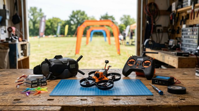 Beginner racing drones with goggles, controller, spare props, and batteries arranged on a workbench, representing first-step FPV racing gear for new pilots.