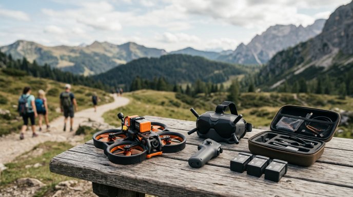 FPV cinewhoop-style drone with goggles, controller, and batteries on an outdoor table, highlighting immersive flying and stabilized action-video capture.