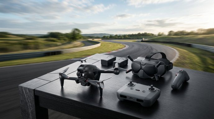 High-speed FPV drone with goggles, controller, and batteries arranged on a table, representing immersive racing-style flight and fast action-video capture.