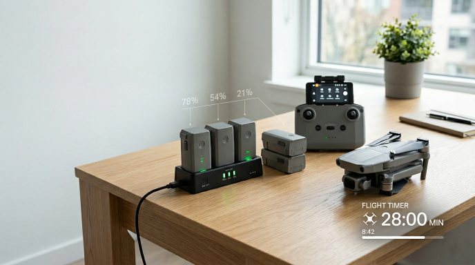 Drone batteries, charging hub, and compact drone displayed on a desk, illustrating battery life, charging, and real-world flight endurance.