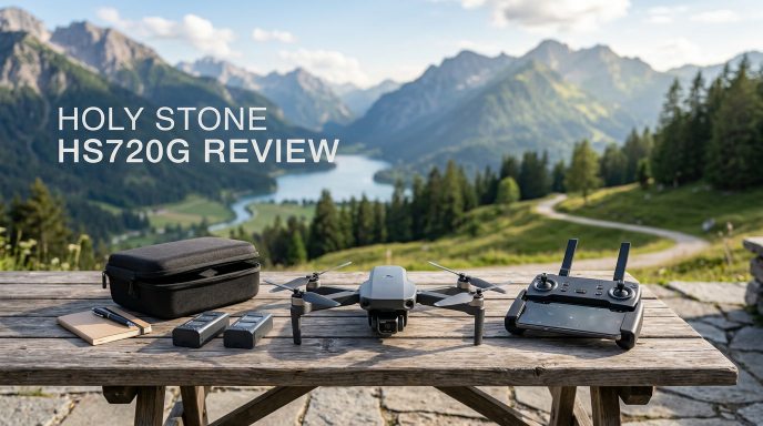Foldable beginner camera drone with controller, batteries, and carrying case on an outdoor table, highlighting GPS flight features and budget aerial photography.
