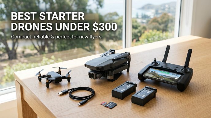 Starter drones under $300 displayed on a tabletop with controller, batteries, and accessories, representing beginner-friendly camera drones and affordable first-time flying options.