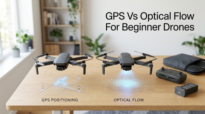 Two beginner drones displayed side by side with controller and accessories, illustrating the difference between GPS positioning and optical flow stabilization for new pilots.
