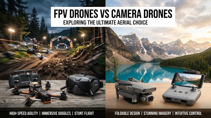 FPV drone with goggles and a standard camera drone with controller displayed side by side, comparing immersive flying and stable aerial photography.