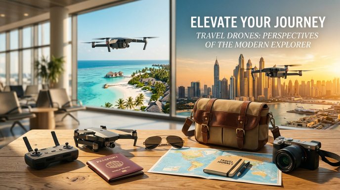 Travel drones for vacations displayed with passport, sling bag, and camera gear beside a scenic coastline and city view, highlighting portable aerial photography for holiday travel.