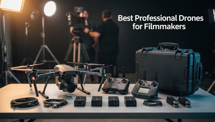 Professional filmmaking drones with controllers, batteries, and hard cases arranged on a production table, representing aerial cinema gear and pro video workflow.