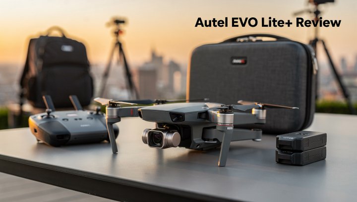 High-end foldable camera drone with controller, batteries, and carry case on an outdoor table, highlighting a premium creator-focused camera platform.