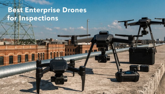 Enterprise inspection drones with controller, batteries, and hard case near industrial equipment, representing professional aerial inspection workflow.