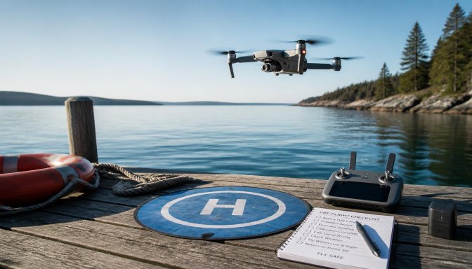 Compact camera drone launching from a landing pad on a dock beside calm water, illustrating safe drone flying practices around water.