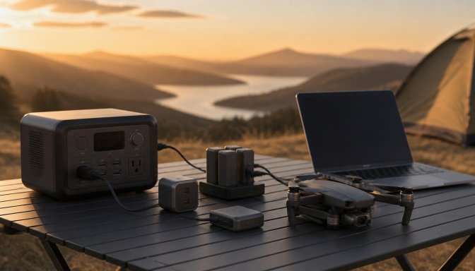 Portable power station, USB-C charger, drone batteries, and a foldable drone on a camping table for field charging and travel workflow.