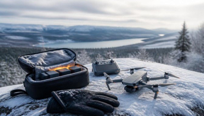 Compact camera drone, warm spare batteries, gloves, and controller at a snowy overlook illustrating winter drone flying preparation.