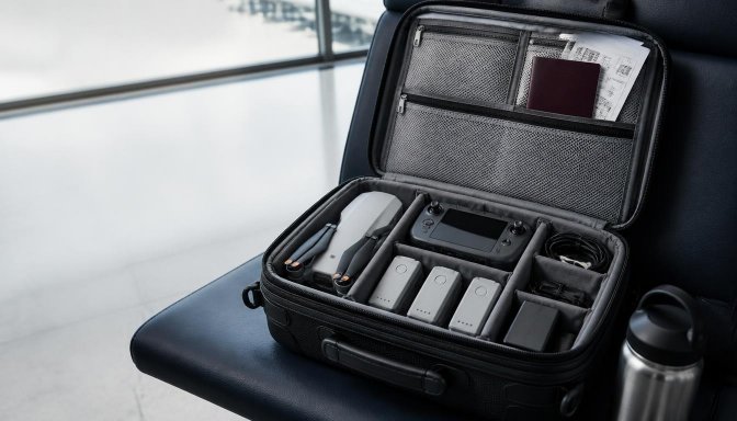 Neatly packed carry-on drone kit with protected spare batteries, controller, charger, passport, and travel documents for air travel preparation.