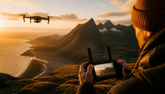 Camera drone filming a landscape at golden hour while a creator monitors smooth cinematic composition on a controller.
