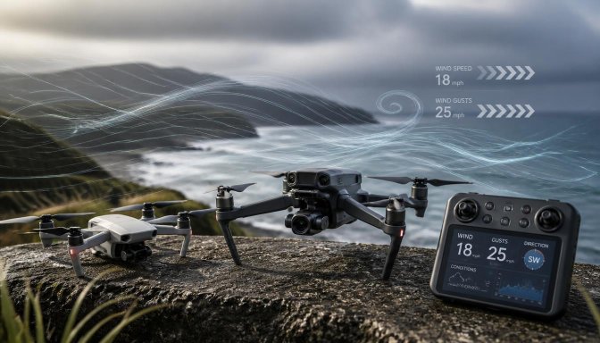 Two different-size drones on an overlook with wind indicators and controller weather display, illustrating drone wind resistance and buyer comparisons.