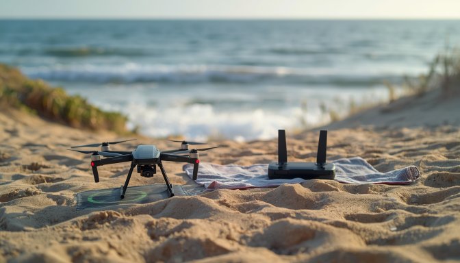 Compact camera drone on a landing pad near a quiet beach with controller and ocean backdrop, illustrating beach flying considerations.